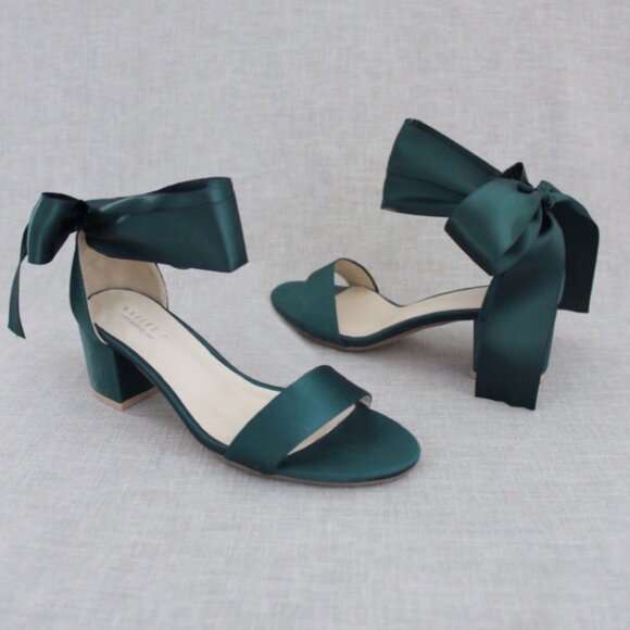 Kailee P Shoes - Kailee P Naomi Satin Block Heel Sandal with Wrapped Ribbon Tie Green Size 9 NIB